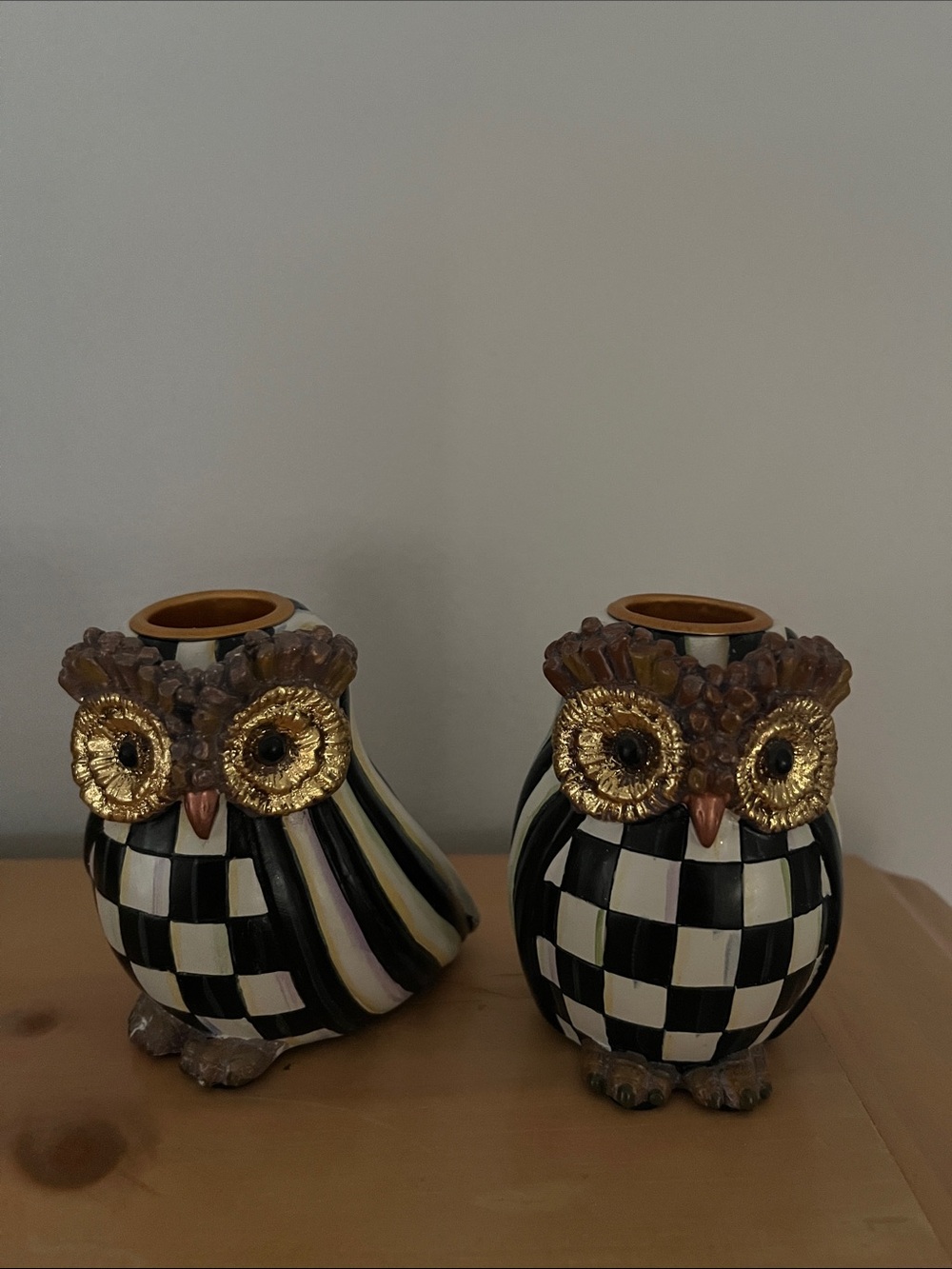 MacKenzie-Childs Black and White Checkered Owl Candle Holders with Gold Accents
